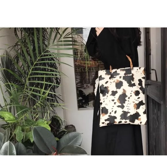 Cow Print Mini Tote Bag 14" x 12" Faux Leather Handbag - Picture 2 of 16